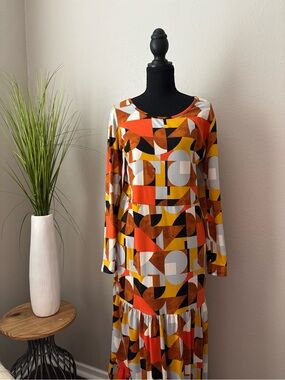 Geometric Print Long Sleeve Maxi Dress in Orange & Mustard